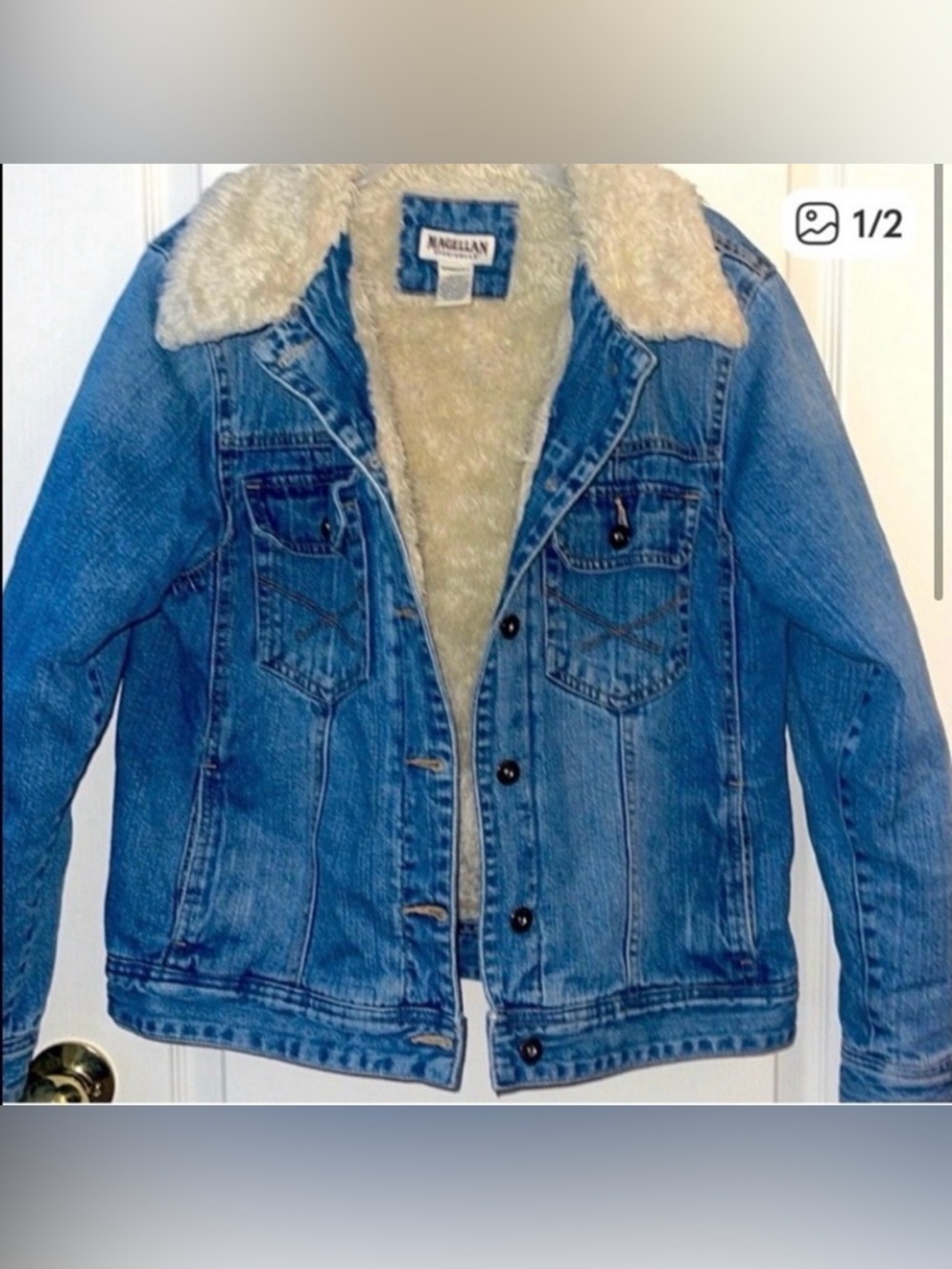 Unisex “Magellan Sportswear” Blue Denim Jacket with Faux Fur Lining. Size:L